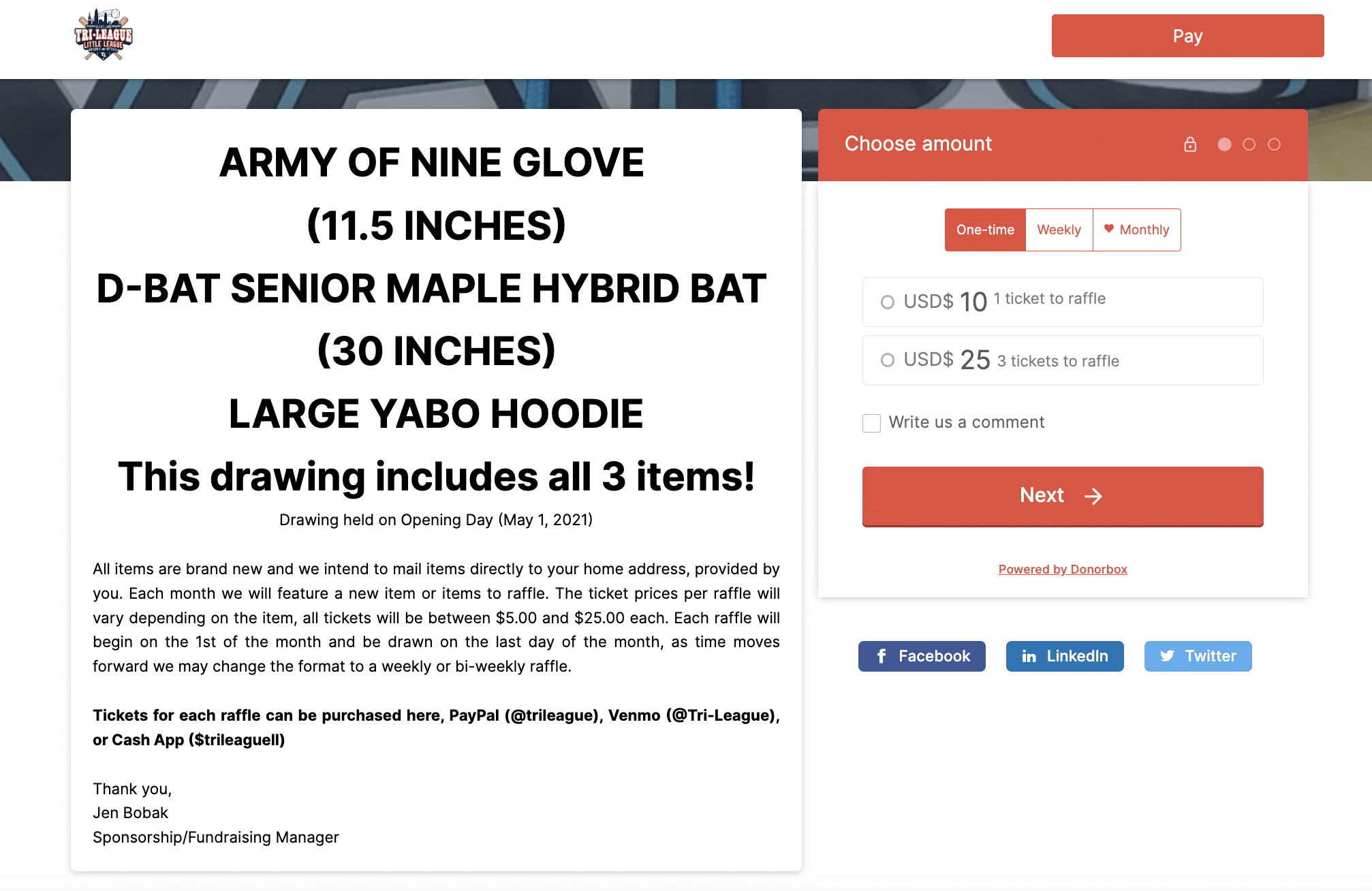 Example of an online raffle done with a Donorbox form - a great Thanksgiving fundraising idea