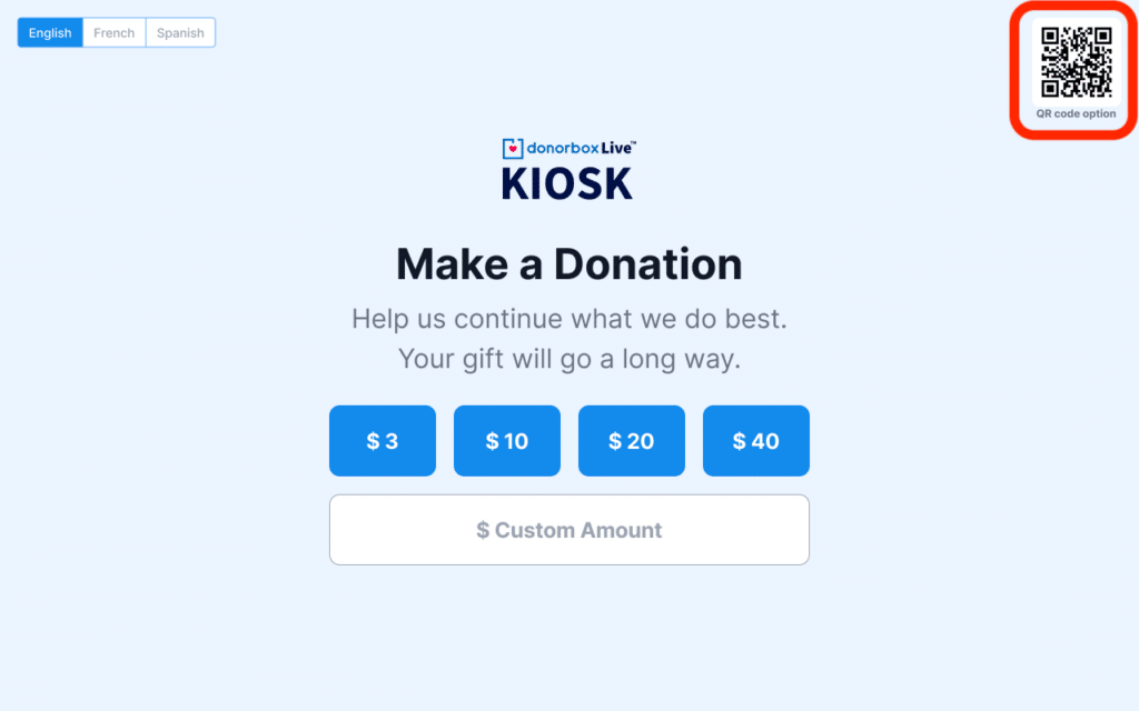 QR code option shown on the Live Kiosk home screen in donor view.